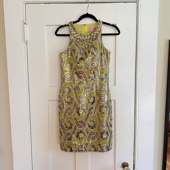 Lilly Pulitzer Chartreuse Fancy Occassion Mini Dress w/Beads and Sparkly Thread - Picture 2 of 12